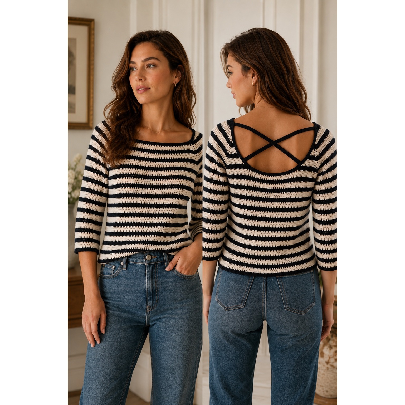 Lauren Moffatt Breton Stripe Coastal Sweater Criss Cross Back French Girl S